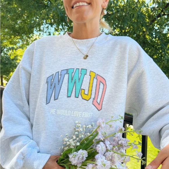 what would Jesus do? HE WOULD LOVE FIRST! pastel university crewneck sweatshirt - Picture 1 of 5